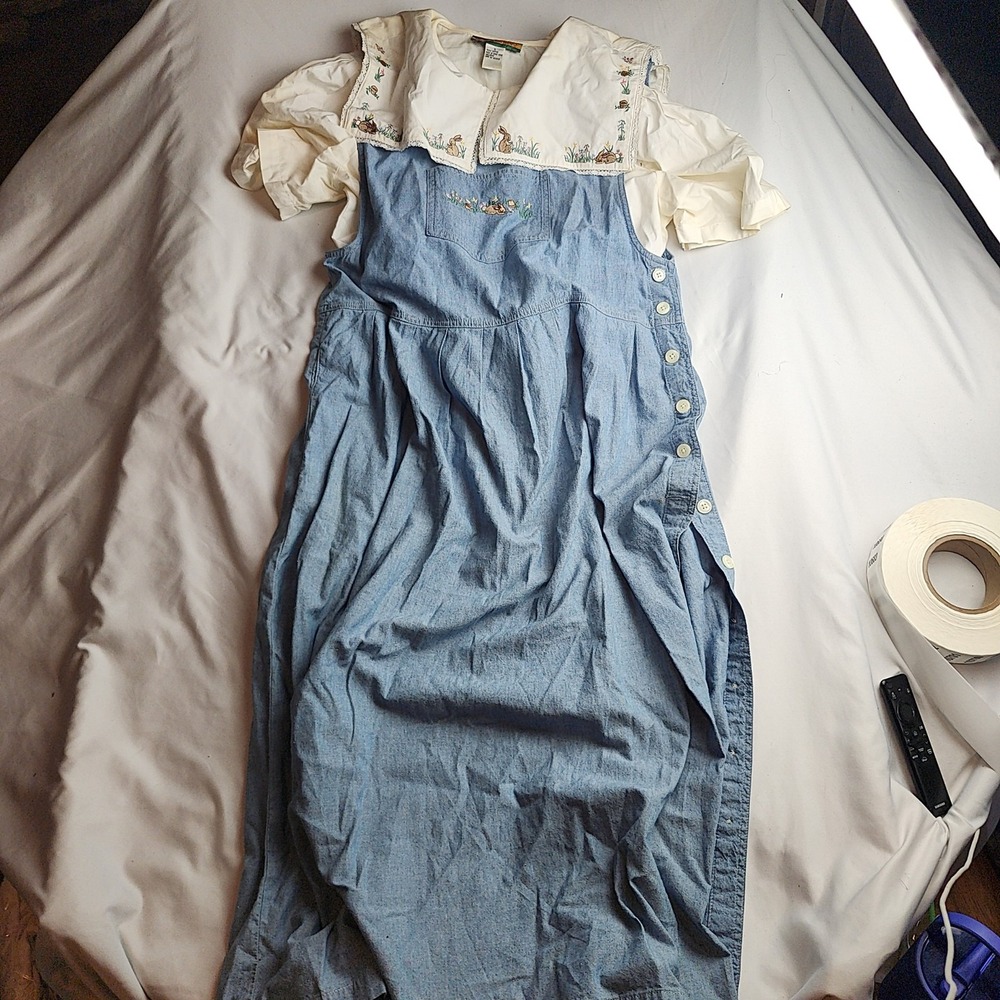 Bryn Connelly Denim Jumper Dress Rabbit Embroidery Light Blue Women's Size 10
